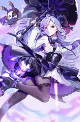 Rule 34 | 1girl, ascot, bangboo (zenless zone zero), breasts, grey hair, grey pantyhose, highres, holding, holding umbrella, imoraisu subu, long hair, long sleeves, looking at viewer, pantyhose, parted lips, red eyes, sideboob, solo, twitter username, umbrella, vivian banshee, zenless zone zero