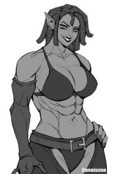 1girl abs bare_shoulders belt bikini black_bikini breasts chaps cleavage collarbone commentary commission cowboy_shot dreadlocks elbow_gloves female_orc gloves greyscale grin hand_on_own_hip large_breasts looking_at_viewer monochrome muscular muscular_female navel obliques orc original pointy_ears short_hair simple_background single_elbow_glove smile solo spot_color swimsuit teeth tusks white_background yellow_eyes ykshelter
