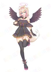 1girl :3 alternate_costume angel angel_wings animal_ear_fluff animal_ears armlet bandaid bandaid_hair_ornament bare_shoulders black_dress black_shoes black_thighhighs black_wings blonde_hair blue_eyes blush boots bracelet detached_collar dog_ears dog_girl dog_tail dress elbow_gloves fang feathered_wings full_body gloves gold gold_armlet gold_trim hair_ornament hairband halo hand_up headband highres hololive hololive_english horn_hairband jewelry looking_at_viewer mikujin_(mikuzin24) mococo_abyssgard multicolored_hair off-shoulder_dress off_shoulder open_mouth pink_hair pink_hairband pink_halo pink_headband platform_boots shoes short_hair simple_background skindentation smile solo standing standing_on_one_leg streaked_hair tail thighhighs thighlet thighs traditional_halo v v_over_mouth virtual_youtuber wings x_hair_ornament zettai_ryouiki