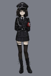 Rule 34 | 1girl, belt, black hair, black thighhighs, bob cut, boots, closed mouth, collar tabs, full body, germany, grey background, hat, hat ornament, highres, kill-chan, knee boots, lace-up boots, long hair, looking at viewer, military, military hat, military uniform, miniskirt, nazi, necktie, original, peaked cap, pleated skirt, reichsadler, saki (c ybrbnby), short hair, simple background, sketch, skirt, skull hat ornament, smile, solo, standing, swastika, thighhighs, totenkopf, zettai ryouiki