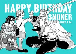 1boy 2girls ^_^ blue_background boots character_name child cigar closed_eyes coat coat_on_shoulders commentary_request crossed_arms dated epaulettes food fur-trimmed_jacket fur_trim glasses gloves greyscale_with_colored_background hair_bun happy_birthday highres holding holding_food holding_ice_cream holding_weapon ice_cream jacket jitte kneehighs multiple_girls one_piece profile sidelocks simple_background smoker_(one_piece) socks squatting tashigi undercut user_waag8255 weapon yu_(one_piece)