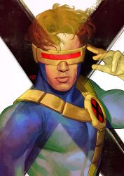 1boy artist_name black_background blue_bodysuit bodysuit brown_hair commentary cyclops_(x-men) english_commentary gloves goggles hand_up highres lips male_focus marvel muscular muscular_male open_mouth red-tinted_eyewear short_hair solo superhero_costume tinted_eyewear two-tone_background upper_body uzuri_art white_background x-men x-men:_the_animated_series yellow-framed_eyewear yellow_gloves