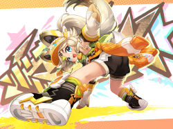 1girl :d animal_ears ass black_shirt black_shoes black_shorts blue_eyes blush braid commentary_request floating_hair genshin_impact grey_hair hat highres kachina_(genshin_impact) kito_(sorahate) long_hair mittens open_mouth outstretched_arm ponytail puffy_shorts shirt shoe_soles shoes shorts sleeveless sleeveless_shirt smile socks solo very_long_hair white_hat white_mittens yellow_socks
