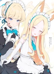 2girls alternate_costume animal_ears apron black_gloves blonde_hair blue_archive blue_bow blue_bowtie blue_eyes bow bowtie bun_cover commentary_request earpiece elbow_gloves enmaided fingerless_gloves fox_ears fox_girl gloves hair_bun halo highres maid maid_apron maid_headdress multiple_girls open_mouth sakurano_rocco seia_(blue_archive) single_hair_bun sleeveless sparkle sweatdrop toki_(blue_archive) translation_request white_apron white_gloves yellow_eyes