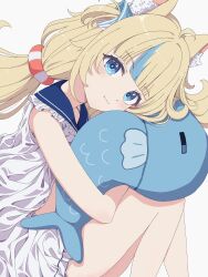 Rule 34 | 1girl, :3, absurdres, animal ear fluff, animal ears, blonde hair, blue eyes, blue hair, blush, buch, cat ears, fang, hair ornament, highres, holding, holding stuffed toy, holding toy, indie virtual youtuber, long hair, looking at viewer, multicolored hair, sameko saba, simple background, sitting, solo, streaked hair, stuffed animal, stuffed toy, toy, virtual youtuber, white background