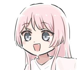 1girl bang_dream! bang_dream!_it&#039;s_mygo!!!!! blush chihaya_anon commentary_request fang grey_eyes long_hair lyy open_mouth pink_hair portrait shirt simple_background solo white_background white_shirt