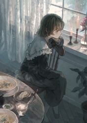 1girl black_dress bowl breakfast brown_eyes brown_hair butter butter_knife candle candlestand chair closed_mouth commentary_request crossed_legs cup curtains dress drinking_glass expressionless flower food foot_out_of_frame hand_up head_rest highres hotatenshi indoors long_sleeves medium_hair morning on_chair original plant potted_plant sitting sitting_sideways solo soup table vase victorian window