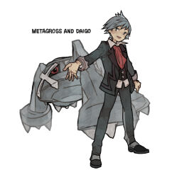 Rule 34 | 1boy, :d, absurdres, black shoes, character name, collared shirt, commentary request, gen 3 pokemon, grey hair, happy, highres, ichi kawa ichi, jacket, jewelry, long sleeves, male focus, metagross, necktie, nintendo, open mouth, pants, pokemon, pokemon (creature), pokemon oras, ring, shirt, shoes, short hair, smile, steven stone, white background