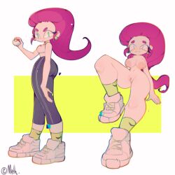 Rule 34 | 1girl, blue eyes, gym uniform, highres, holding, jessie (pokemon), long hair, mythrunadraw, nintendo, nipples, pink hair, poke ball, pokemon, pokemon (anime), pussy, sitting, smile, thick thighs, thighs, very long hair