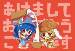 2girls animal_ears blonde_hair blue_dress blue_hair brown_headwear cabbie_hat dagasitotaiyou dress floppy_ears food hat highres holding kine long_hair mallet mochi multiple_girls orange_shirt rabbit_ears red_eyes ringo_(touhou) seiran_(touhou) shirt short_hair shorts socks touhou white_socks yellow_shorts