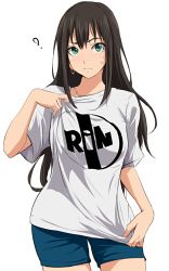 Rule 34 | 10s, 1girl, 71 (nanaichi drafting), blush, brown hair, character name, clothes writing, contrapposto, cowboy shot, female focus, green eyes, idolmaster, idolmaster cinderella girls, jewelry, long hair, looking at viewer, necklace, product placement, shibuya rin, shirt, shorts, simple background, solo, standing, sweatdrop, t-shirt