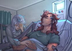 2girls absurdres bandaid bandaid_on_face bed blueliom buzz_cut chair closed_eyes glowing_veins gundam gundam_suisei_no_majo highres hospital hospital_bed hospital_gown indoors long_hair miorine_rembran multiple_girls on_bed pillow red_hair sad shirt short_hair sitting sleeping suletta_mercury very_short_hair white_shirt yuri