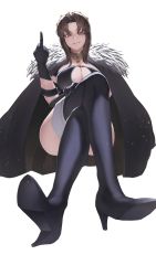 1girl absurdres black_thighhighs bluecup boots breasts brown_eyes brown_hair cape cleavage collar copyright_request crossed_legs from_below fur_trim gloves high_heel_boots high_heels highres large_breasts looking_at_viewer looking_down medium_hair middle_finger pantyhose smirk solo tempest_(game) the_war_of_genesis thigh_boots thighhighs tiara