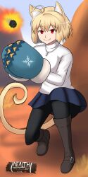 1girl animal_ears antenna_hair arcueid_brunestud blonde_hair blue_mittens boots breasts brown_boots cat_ears cat_girl cat_tail chocolate cosplay crossover desert gloves heavy_(tf2) heavy_(tf2)_(cosplay) highres holiday_punch_(tf2) imminent_death imstupid13 jewelry looking_at_viewer medium_breasts missile mittens pantyhose red_eyes short_hair skirt smile solo sweater tail team_fortress_2 tsukihime tsukihime_(remake) turtleneck white_sweater