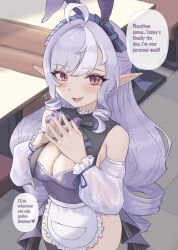 Rule 34 | 1girl, ahoge, animal ears, apron, bare shoulders, blush, breasts, butter spoon, cleavage, commentary, detached sleeves, drill hair, english text, fake animal ears, fingernails, frilled apron, frills, highres, long hair, looking at viewer, medium breasts, nail polish, no panties, open mouth, pointy ears, purple hair, purple nails, rabbit ears, red eyes, solo, steepled fingers, very long hair, vivian banshee, waist apron, white apron, white sleeves, zenless zone zero