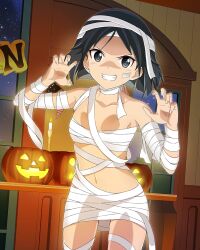 1girl artist_request bandaid bandaid_on_face black_eyes black_hair brave_witches breasts candle claw_pose halloween halloween_costume indoors jack-o&#039;-lantern kanno_naoe looking_at_viewer mummy_costume navel night non-web_source official_art pumpkin short_hair small_breasts solo standing star_(sky) table window world_witches_series