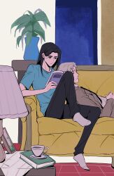 Rule 34 | 2boys, beard stubble, black hair, black necktie, black pants, blonde hair, blue eyes, blue shirt, book, brown coat, closed eyes, closed mouth, coat, collared shirt, commentary request, contemporary, couch, cup, curtained hair, ddiu0, eren yeager, facial hair, hair down, highres, holding, holding book, indoors, knee up, lapels, leaning, leaning on person, long hair, long sleeves, looking at object, lying, male focus, multiple boys, necktie, notched lapels, on back, on couch, pants, parted bangs, plant, plate, potted plant, reading, reiner braun, shingeki no kyojin, shirt, short sleeves, sitting, socks, stubble, t-shirt, table, teacup, vase, white shirt, white socks, wing collar, wooden table