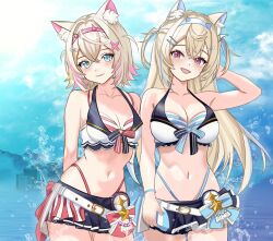 2girls animal_ear_fluff animal_ears arm_behind_head arm_up bare_shoulders bikini blonde_hair blue_eyes blue_nails blush breasts cleavage closed_mouth collarbone dog_ears dog_girl fuwawa_abyssgard hair_between_eyes hair_ornament hololive hololive_english large_breasts layered_bikini long_hair looking_at_viewer medium_breasts mococo_abyssgard multiple_girls navel open_mouth pink_eyes rijeka1918 short_hair siblings smile stomach swimsuit twins virtual_youtuber white_bikini