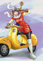 Rule 34 | 1girl, bass guitar, boots, breasts, brown gloves, bass guitar, flcl, full body, gloves, goggles, goggles on head, goggles on headwear, haruhara haruko, helmet, highres, holding, holding goggles, instrument, medium breasts, motor vehicle, pink hair, red shirt, roporopo, scarf, scooter, shirt, short hair, simple background, smile, solo, vespa, white boots, white scarf, white sleeves, yellow eyes