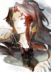 1girl absurdres ascot black_ascot gebura_(project_moon) grey_eyes heterochromia highres jacket library_of_ruina long_hair long_sleeves looking_to_the_side mownai1648 parted_bangs ponytail project_moon red_brooch red_hair red_jacket scar scar_across_eye scar_on_face sidelocks simple_background solo upper_body white_background yellow_eyes