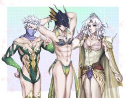3boys abs armor armpits arms_behind_head barbariccia barbariccia_(cosplay) bare_legs bare_shoulders belt_buckle blonde_hair blue_eyes bra bracelet bridal_gauntlets buckle bulge cain_highwind cape cecil_harvey cosplay crossdressing earrings edward_geraldine final_fantasy final_fantasy_iv green_leotard helmet highres jewelry leotard lipstick looking_at_viewer makeup mask midriff mouth_mask multiple_boys muscular muscular_male necklace pendant rosa_farrell rosa_farrell_(cosplay) rydia_(ff4) rydia_(ff4)_(cosplay) sash shoulder_armor shoulder_spikes spikes star_pendant thighhighs tiara underwear waist_sash white_hair wrist_cuffs wristband