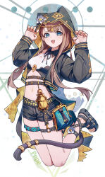 1girl absurdres ankh arknights arms_up black_jacket black_sandals black_shorts black_tail blue_eyes brown_hair character_name chinese_commentary claw_pose commentary_request full_body gold head_chain highres hood hood_up hooded_jacket infection_monitor_(arknights) jacket jewelry jumping long_hair long_sleeves midriff navel nian962464 no_socks o-ring o-ring_thigh_strap open_clothes open_jacket open_mouth pepe_(arknights) platform_sandals sandals shorts smile solo tail tail_ornament tail_ring thigh_strap toes two-sided_fabric two-sided_jacket yellow_jacket