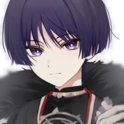 1boy black_bodysuit black_kimono blunt_ends blurry bodysuit closed_mouth depth_of_field expressionless fur_collar genshin_impact gold han&#039;eri ij_xcm4o japanese_clothes jewelry kimono layered_kimono looking_at_viewer male_focus mandarin_collar neck_ring open_clothes open_kimono portrait purple_eyes purple_hair purple_rope red_kimono rope scaramouche_(genshin_impact) shimenawa solo split_mouth tsurime white_background white_kimono white_rope wispy_bangs