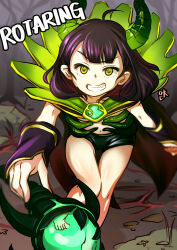 1girl absurdres ahoge arm_guards barefoot black_cape cape commentary commission dota_(series) dota_2 edich english_commentary english_text fang gem genderswap genderswap_(mtf) green_eyes green_shorts grin highres holding holding_staff horns navel outdoors pugna_(dota_2) short_hair short_shorts shorts smile solo staff stomach teeth toes