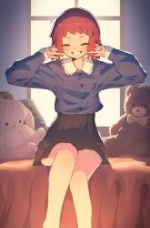 1girl absurdres black_skirt blue_shirt blush closed_eyes commentary facing_viewer grin highres hoplitx indoors long_sleeves original pleated_skirt red_eyes red_hair shirt short_hair sitting skirt smile solo stuffed_animal stuffed_rabbit stuffed_toy teddy_bear wind
