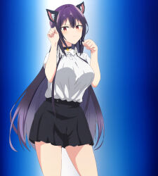 Rule 34 | 1girl, absurdres, animal ears, anime screenshot, black choker, black skirt, blue background, cat ears, cat girl, choker, closed mouth, cowboy shot, female focus, haite kudasai takamine-san, hand on own hip, highres, long hair, neck bell, paw pose, pleated skirt, purple hair, red eyes, shirt, shirt tucked in, short sleeves, skirt, solo, stitched, takamine takane, thighs, third-party edit, very long hair, white shirt