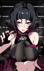 1girl absurdres adapted_costume aer007580 animal_ears bare_shoulders black_gloves black_hair black_necktie blush breasts commentary fingerless_gloves glint gloves gradient_hair green_eyes hand_up heart heart_in_eye highres jane_doe_(zenless_zone_zero) large_breasts looking_at_viewer mouse_ears mouse_girl multicolored_hair nail_polish navel necktie nose_blush parted_lips red_hair red_nails red_necktie sidelocks smile solo streaked_hair symbol_in_eye two-tone_necktie upper_body very_long_fingernails zenless_zone_zero