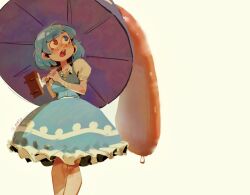 1girl ahoge blue_eyes blue_skirt blue_vest blush commentary english_commentary feet_out_of_frame geta grmarsa heterochromia highres holding holding_umbrella karakasa_obake looking_at_viewer looking_up open_mouth purple_umbrella red_eyes short_sleeves simple_background skirt solo tatara_kogasa teeth tongue touhou twitter_username umbrella upper_teeth_only vest yellow_background