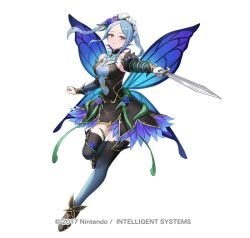 Rule 34 | 1girl, attack, black thighhighs, blue eyes, blue hair, blush, breasts, bridal gauntlets, bug, butterfly, butterfly wings, closed mouth, detached sleeves, dress, fairy wings, fire emblem, fire emblem fates, fire emblem heroes, flora (fire emblem), flora (resplendent) (fire emblem), flower, gloves, hair flower, hair ornament, headdress, holding, holding sword, holding weapon, insect, insect wings, large breasts, long hair, long sleeves, looking at viewer, maid, maid headdress, nima (niru54), nintendo, official alternate costume, official art, simple background, solo, sword, thighhighs, twintails, weapon, white background, wings