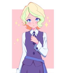 Rule 34 | 1girl, alternate hairstyle, blizzard (b1iz4rd), blonde hair, blue eyes, blue sash, blush, diana cavendish, green hair, highres, little witch academia, looking at viewer, luna nova school uniform, multicolored hair, sash, school uniform, shirt, short hair, sparkle, two-tone hair, wavy hair, white shirt, witch