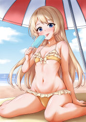 1girl alternate_costume beach bikini blonde_hair blue_eyes blue_sky breasts cloud comiket_106 commentary_request day frilled_bikini frills groin highres horizon jervis_(kancolle) kamiya_tadato kantai_collection licking long_hair navel ocean orange_bikini outdoors sky small_breasts solo swimsuit tongue tongue_out