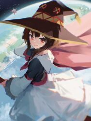 1boy 1girl blurry blurry_background broom broom_riding brown_hair cape closed_mouth commentary cowboy_shot cross-shaped_pupils danraz0r dress earth_(planet) english_commentary hat highres invincible_(series) kono_subarashii_sekai_ni_shukufuku_wo! long_sleeves looking_at_viewer medium_hair megumin mismatched_pupils multicolored_dress omni-man planet red_cape red_eyes sidelocks skirt smile space star_(sky) symbol-shaped_pupils white_dress white_skirt wide_sleeves witch_hat