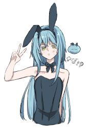 1boy animal_ears blue_hair fake_animal_ears genderswap genderswap_(otm) highres leotard long_hair looking_at_viewer playboy_bunny rabbit_ears rimuru_tempest simple_background solo tensei_shitara_slime_datta_ken vivir_220 white_background yellow_eyes