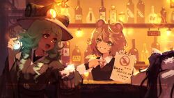 2girls :d absurdres animal_ears artist_name bar_(place) bartender bear_ears bear_girl black_jacket black_vest bottle collared_shirt commission commissioner_name cup dated green_hair hat highres holding holding_cup holding_paper holding_potion jacket long_hair looking_at_another medium_hair multiple_girls necktie open_mouth orange_hair original paper pointing red_necktie rnna shirt smile vest white_shirt yan_(yan_kodiac) yellow_eyes