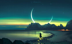 1girl artist_name beach crescent_moon dress from_behind horizon huhv. lake long_hair moon mountain night night_sky ocean original outdoors reflection scenery shore sky solo standing star_(sky) starry_sky water