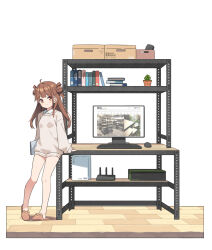 Rule 34 | 1girl, animal slippers, bear slippers, breasts, brown eyes, brown hair, brown slippers, brown sweater, closed mouth, collared shirt, commentary request, computer, computer keyboard, computer mouse, computer tower, double bun, hair bun, hatsunatsu, long hair, long sleeves, monitor, original, puffy long sleeves, puffy sleeves, router, shirt, simple background, sleeves past wrists, slippers, small breasts, smile, solo, sweater, two side up, white background, white shirt, wooden floor