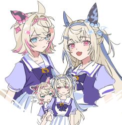 Rule 34 | 2girls, :d, alternate animal ears, animal ears, bandaid, bandaid hair ornament, blonde hair, blue eyes, blue hair, cropped torso, crossed bangs, fang, fuwawa abyssgard, hair ornament, highres, hololive, hololive english, horse ears, horse girl, long hair, looking at another, looking at viewer, mococo abyssgard, multicolored hair, multiple girls, open mouth, pink hair, pout, sailor collar, school uniform, short hair, siblings, simple background, sisters, skin fang, smile, streaked hair, tracen school uniform, umamusume, virtual youtuber, white background, x hair ornament, yomosaka