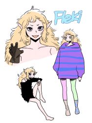 1girl asymmetrical_footwear asymmetrical_legwear bad_id bad_twitter_id bare_chest bare_legs barefoot black_sweater blonde_hair brown_eyes character_name dungeon_meshi elf fleki frs2 gloves hair_around_ear highres long_hair looking_at_viewer messy_hair mismatched_footwear mismatched_legwear notched_ear oversized_clothes pantyhose pointy_ears purple_sweater socks sweater tongue tongue_out