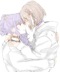 2girls asahina_mafuyu blush braid brown_collar brown_hair collar collar_tug drawstring eye_contact hair_ornament hair_scrunchie hand_on_another&#039;s_back hand_on_another&#039;s_shoulder highres hood hoodie kuuu_kiii long_hair long_sleeves looking_at_another multiple_girls parted_lips project_sekai purple_collar purple_hair scrunchie shinonome_ena short_hair side_braid simple_background white_background white_hoodie yuri