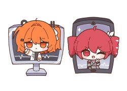 2girls :&lt; a.i._voice adachi_rei ahoge chibi chibi_only closed_mouth grey_jacket hair_intakes hand_up highres jacket kasane_teto kasane_teto_(sv) long_sleeves looking_at_viewer mei_(meiday_mise) monitor multiple_girls one_eye_closed open_clothes open_jacket open_mouth orange_eyes orange_hair red_eyes red_hair smile synthesizer_v through_medium through_screen utau v white_jacket