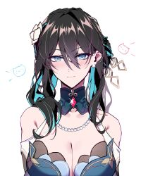 1girl absurdres aer007580 bare_shoulders black_hair breasts cleavage closed_mouth commentary green_eyes green_hair highres honkai:_star_rail honkai_(series) jewelry large_breasts long_hair looking_at_viewer multicolored_hair necklace pearl_necklace ruan_mei_(honkai:_star_rail) simple_background smile solo streaked_hair two-tone_hair upper_body white_background