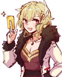 1girl alonemistrist black_fur blonde_hair breasts brown_dress citrinne_(fire_emblem) cleavage coat dress earrings fire_emblem fire_emblem_engage fur-trimmed_coat fur_trim gold_choker gold_trim hair_ornament hoop_earrings jewelry looking_at_viewer medium_breasts mismatched_earrings nintendo red_eyes solo wing_hair_ornament