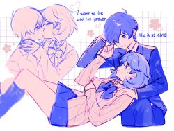 Rule 34 | 1boy, 1girl, blush, bow, bowtie, cardigan, checkered background, cherry blossoms, choker, collared shirt, couple, earrings, english text, feet out of frame, flipped hair, flower, from side, gekkoukan high school uniform, hand on another&#039;s shoulder, hashtag-only commentary, heart, heart choker, highres, jacket, jewelry, kiss, kneehighs, long sleeves, looking at another, lying, lying on lap, miniskirt, multiple views, on back, on lap, persona, persona 3, pink flower, pleated skirt, ribbed cardigan, rrrrrrrrrrrou1, school uniform, shirt, short hair, sitting, skirt, socks, stud earrings, takeba yukari, upper body, white choker, white shirt, yuuki makoto (persona 3)