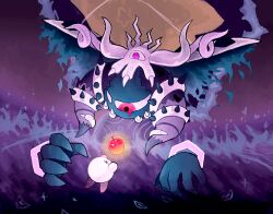 apple colored_skin commentary_request crown disembodied_hand food fruit horns kakuredo_ura kirby kirby&#039;s_return_to_dream_land kirby&#039;s_return_to_dream_land_deluxe kirby_(series) looking_at_another magolor magolor_soul master_crown nintendo no_humans pink_skin planet_popstar rayman_limbs red_eyes solid_oval_eyes sparkle spoilers