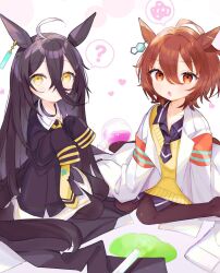 Rule 34 | 2girls, ?, agnes tachyon (umamusume), ahoge, black choker, black coat, black hair, black pantyhose, black shirt, brown hair, choker, closed mouth, coat, collared shirt, crossed bangs, ear tag, earrings, hair between eyes, highres, huge ahoge, jewelry, lab coat, long bangs, long hair, long hair between eyes, long sleeves, looking at viewer, manhattan cafe (umamusume), multicolored hair, multiple girls, necktie, nochatea, on ground, open clothes, open coat, oversized clothes, pantyhose, parted lips, red eyes, seiza, shirt, short hair, single earring, sitting, sleeves past fingers, sleeves past wrists, speech bubble, spoken question mark, spoken squiggle, squiggle, sweater, umamusume, very long hair, wariza, white chemise, white coat, white hair, white shirt, yellow eyes, yellow necktie, yellow sweater