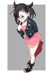 1girl aqua_eyes arm_behind_back asymmetrical_bangs black_choker black_hair black_jacket black_shoes border breasts choker closed_mouth dress frankkxeta full_body grey_background hair_ribbon highres index_finger_raised jacket leaning_forward marnie_(pokemon) nintendo pink_dress pokemon pokemon_swsh ribbon shoes simple_background small_breasts solo standing twintails undercut white_border